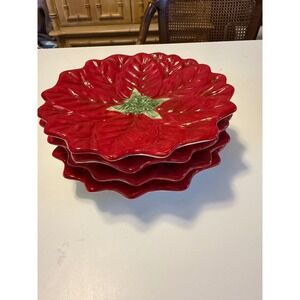 Maxcera Red Poinsettia Ceramic Salad Dessert Plates Set of 4 Christmas Holiday